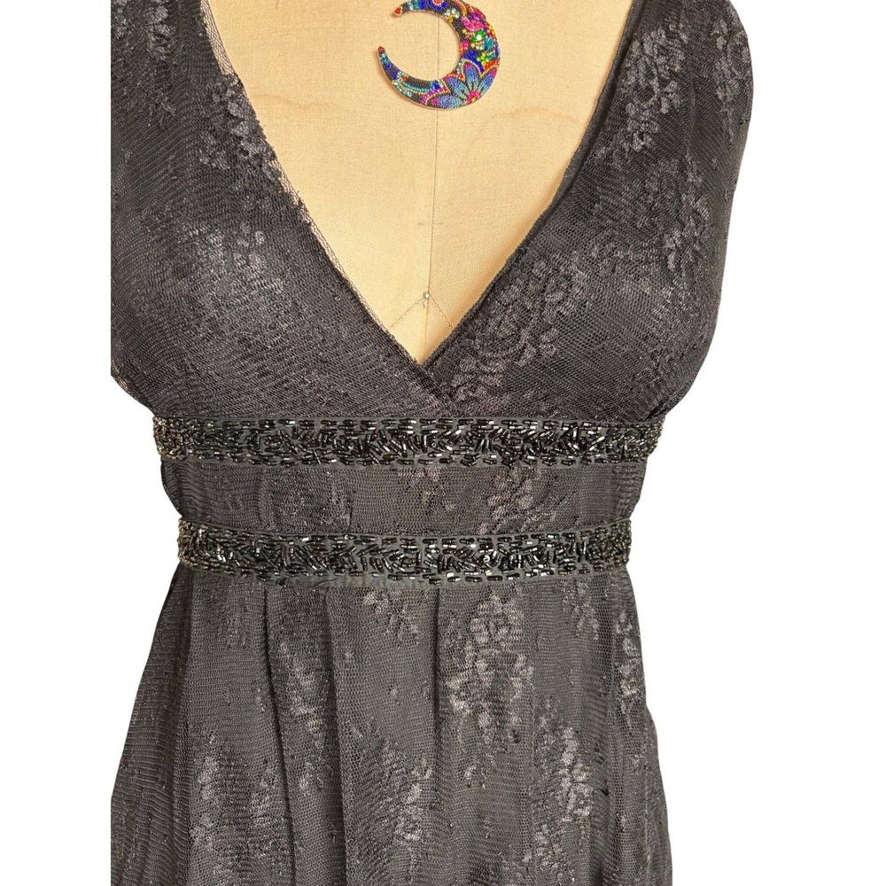 Y2K Lace Cocktail Dress Black Beaded Whimsigoth Empire Waist V-Neck Vintage - Picture 3 of 10